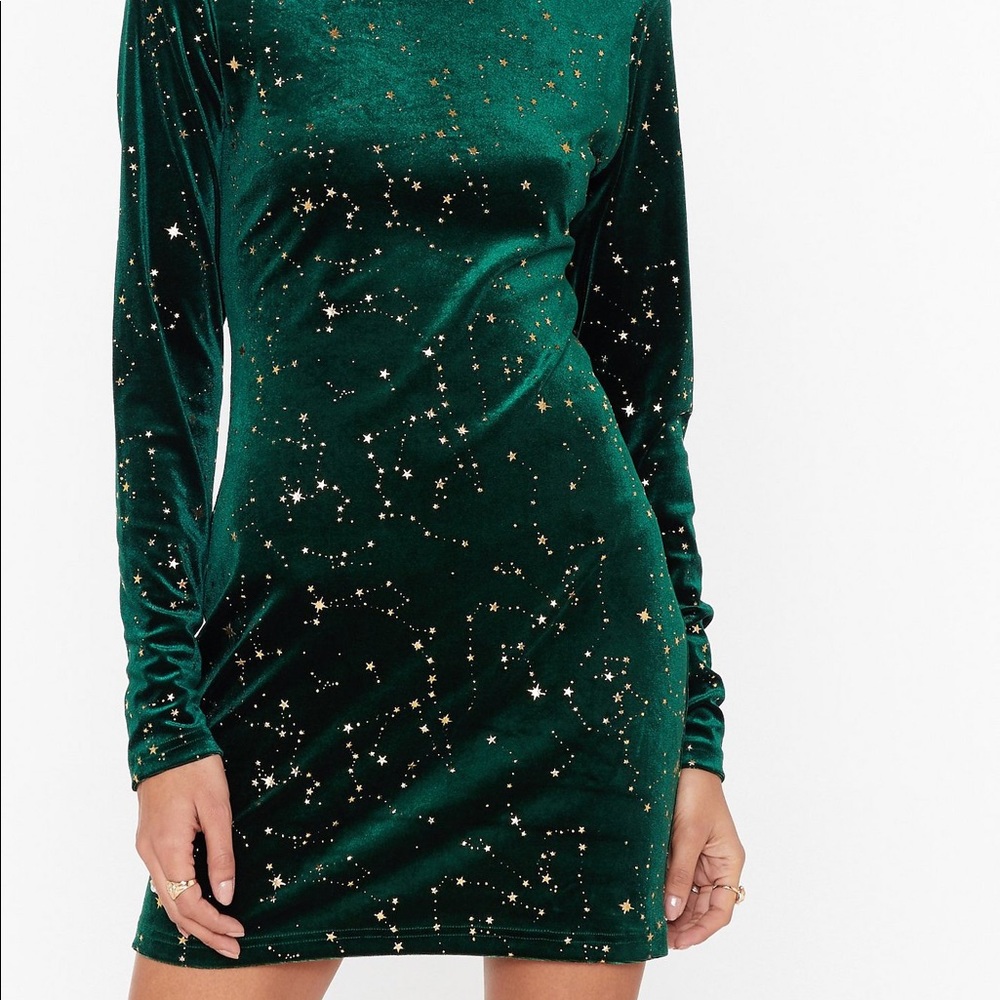 Nasty Gal hi-neck star velvet minidress GREEN-4NWT